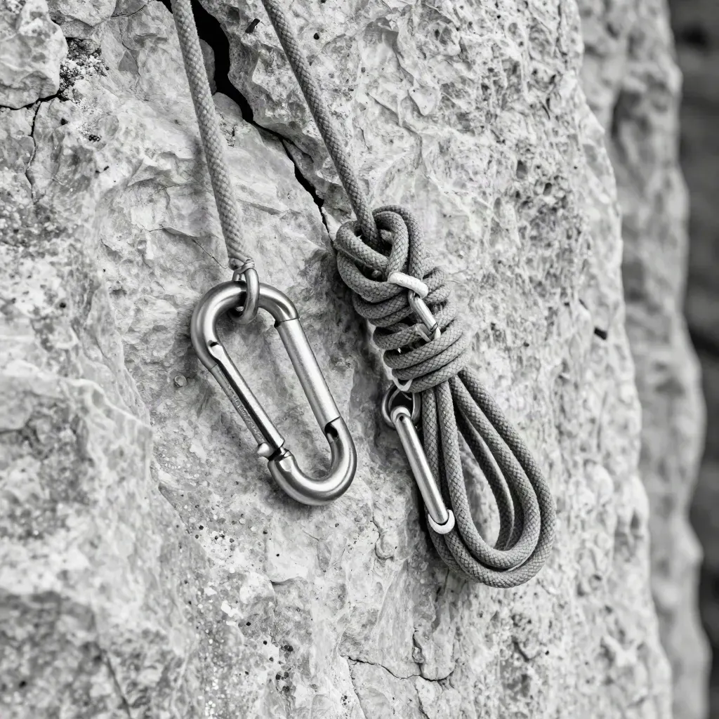 Climbing carabiners and belay device on pale rock with a tight rope loop