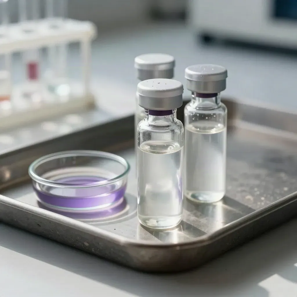 Biotech sample vials and a watch glass on dark stone with violet reflections