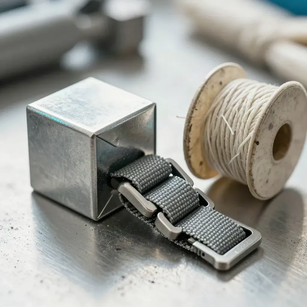 Steel corner protector, buckle, and cord spool on brushed metal in a macro still life.