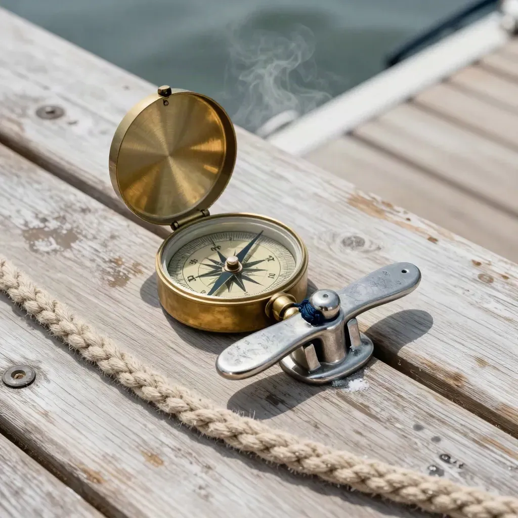 Brass compass, cleat, and dock line on pale wood with salt mist and soft daylight.