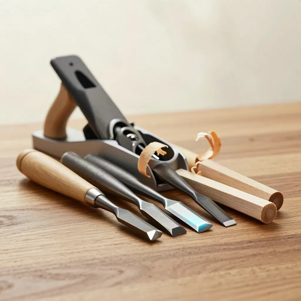 Macro still life of chisels, a plane iron and maple offcuts on brushed oak with cyan steel highlights