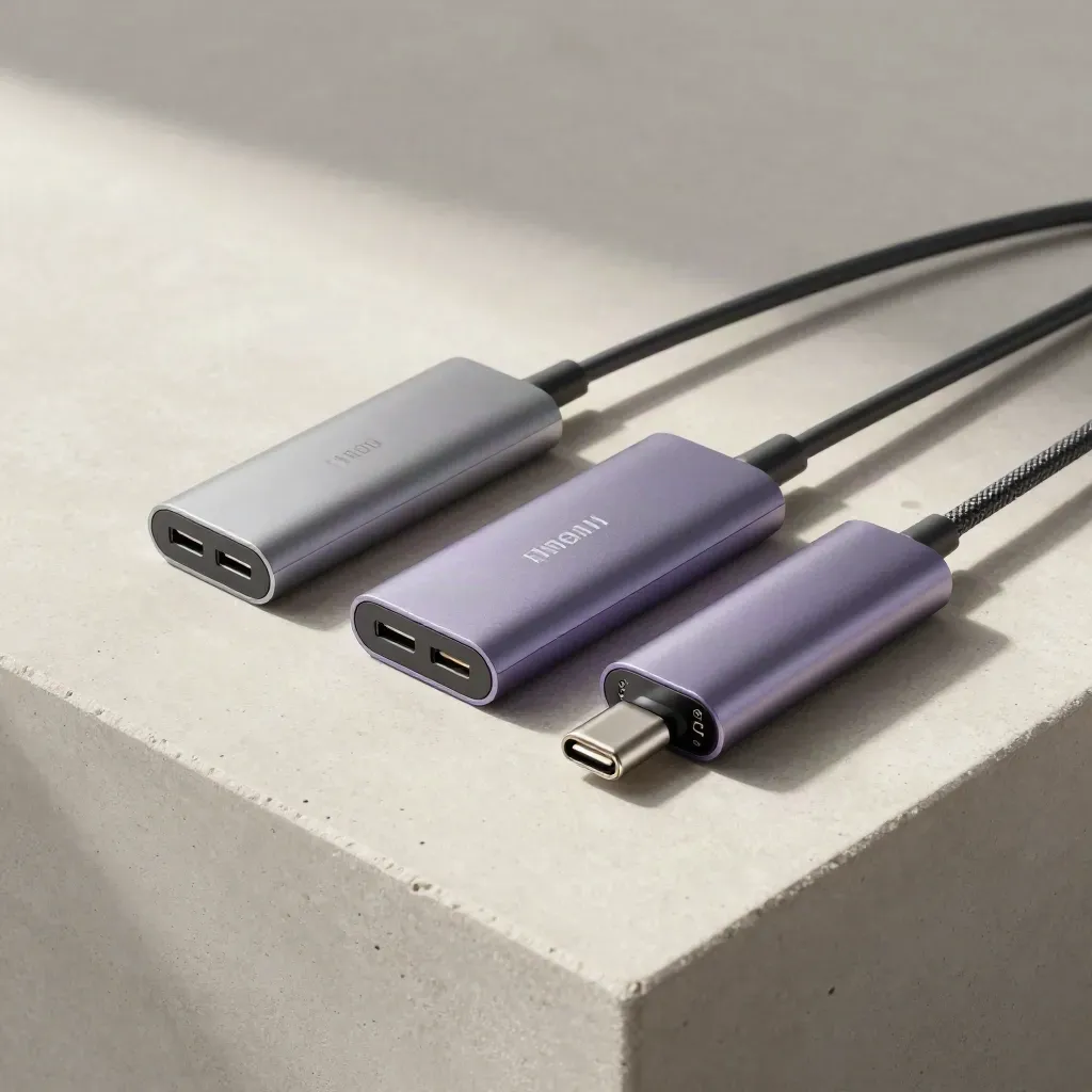 Top-down USB-C hub, right-angle connector, short patch cable, and adapter block on pale concrete.