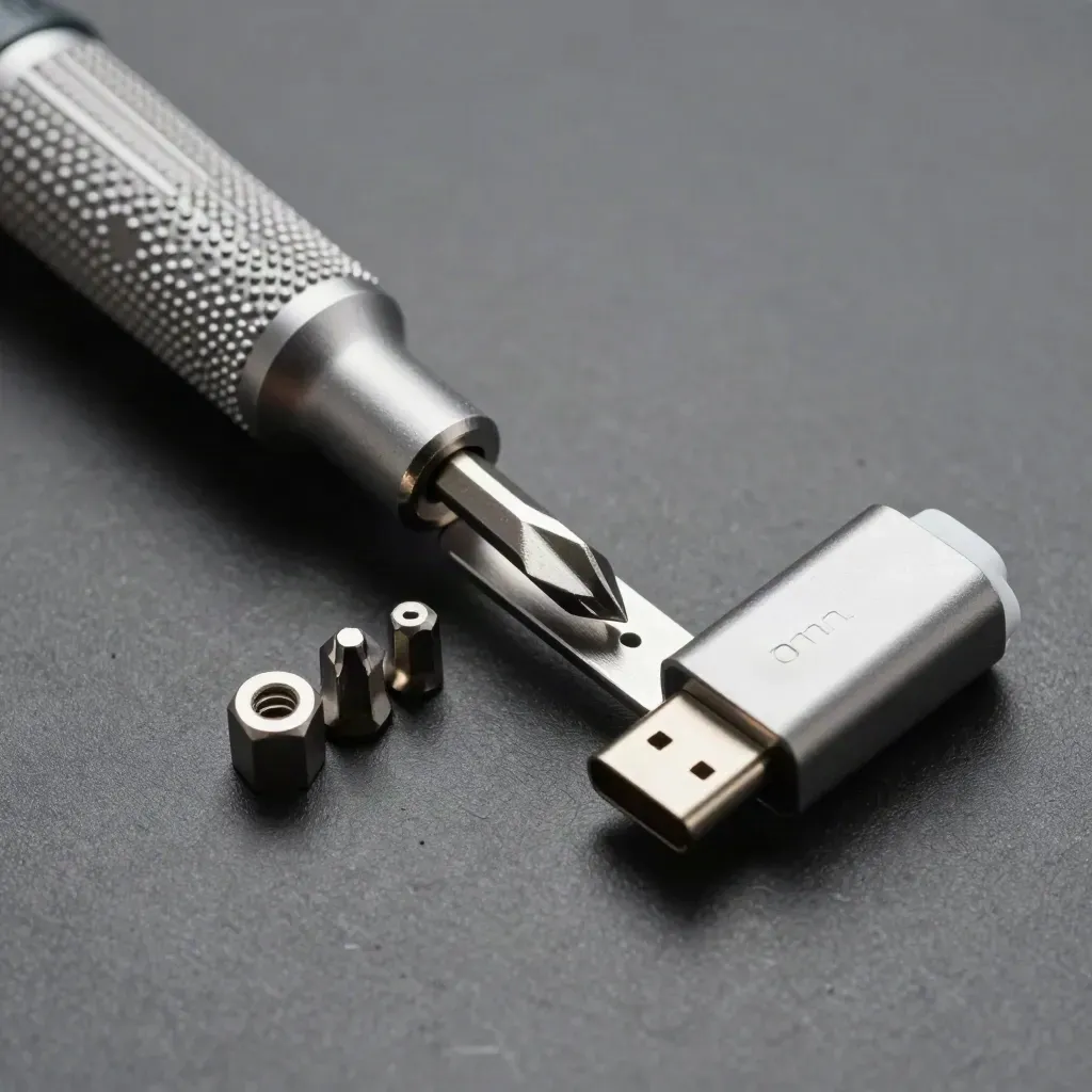 Precision screwdriver, hex-bit rail, and USB-C adapter in a crisp top-down macro.