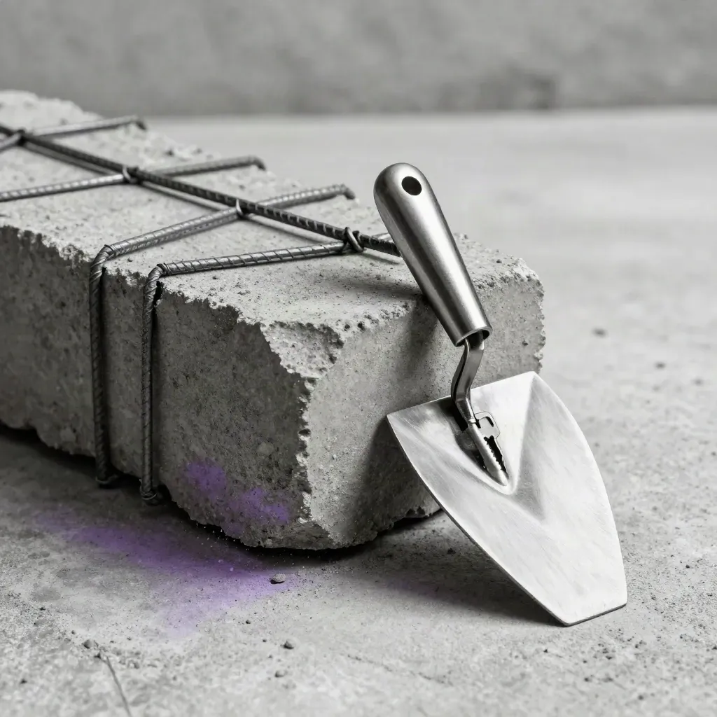 Concrete core sample, tie wire, and trowel on dark concrete with a violet shadow cast.