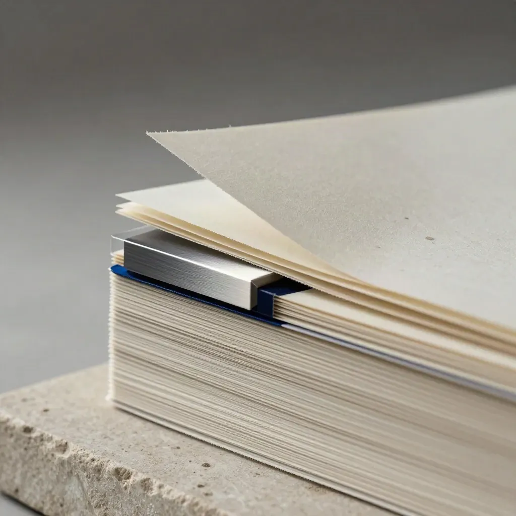 Macro still life of release proofs, paperweight, and acetate divider on pale stone.