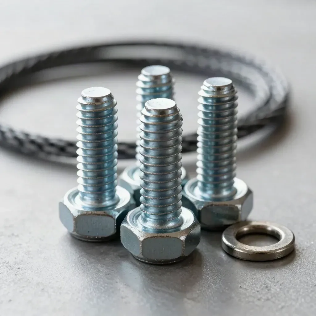 Threaded bolts, braided cable loop, and steel washer on brushed metal, dramatic close still life.