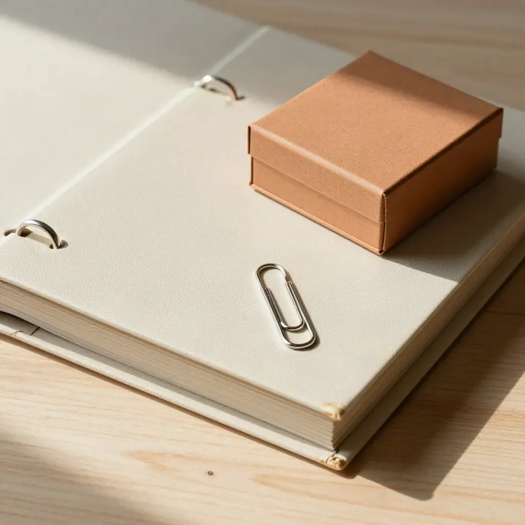 Closed cream binder, silver paper clip and archive box on pale wood, lit in soft daylight.