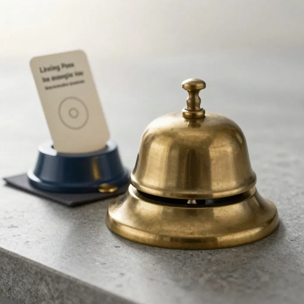 Brass desk bell and relay puck beside a blurred notification card on cool stone