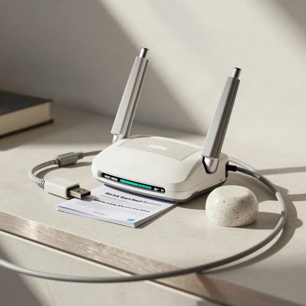 Router setup kit with cables, adapter and booklet on plaster, seen through a blurred cable loop.