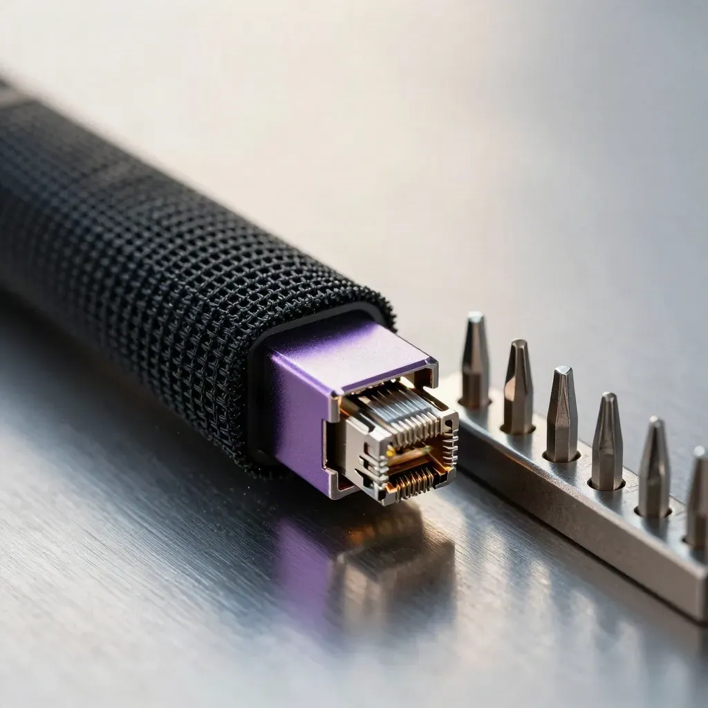 Macro of RJ45 coupler, adapter blocks and mesh sleeve on brushed metal