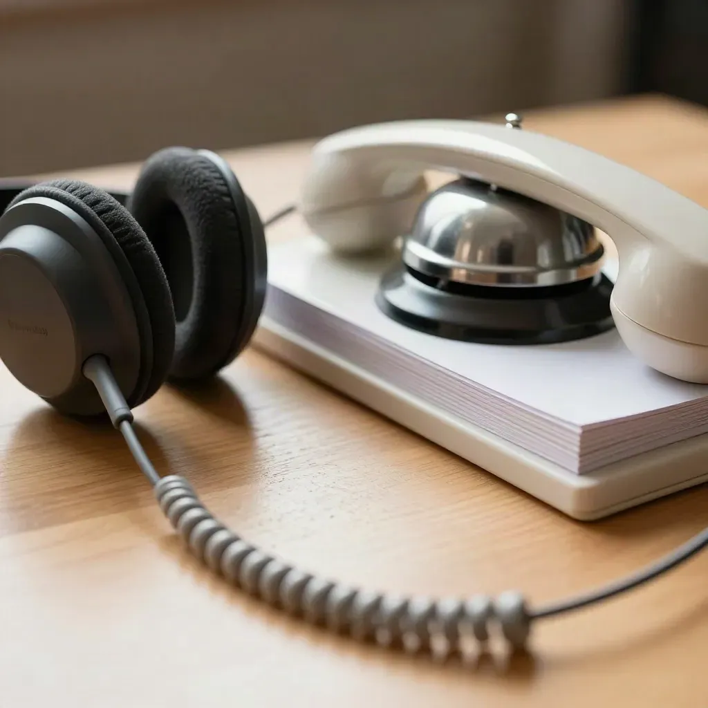 Support desk tools on pale wood: headset, handset, bell and card tray in close macro.