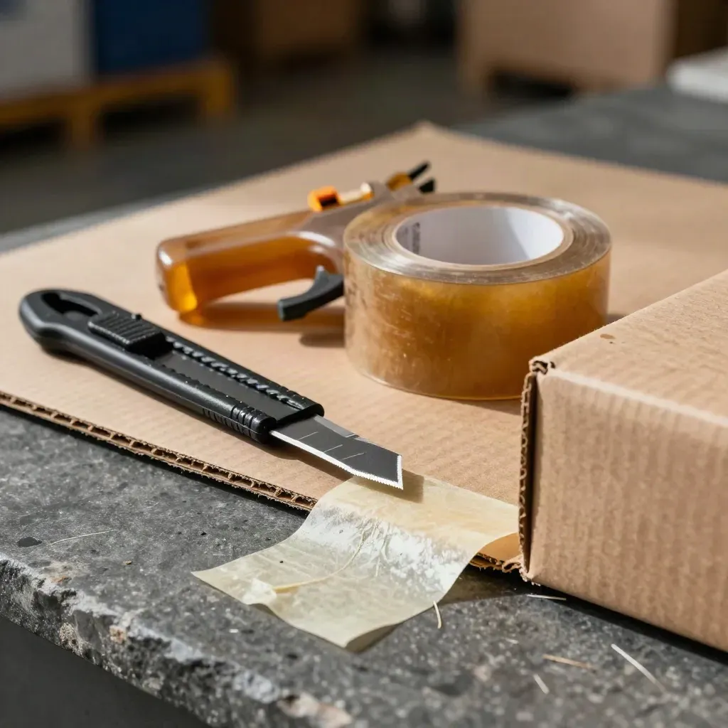 Tape gun, kraft mailer, utility knife and carton corner on dark stone in dramatic macro still life