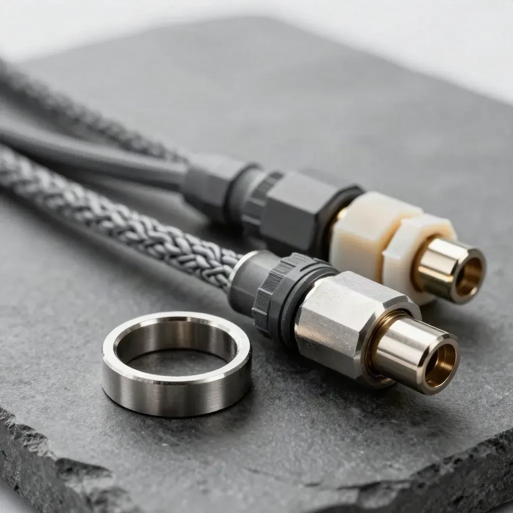 Machined rings and a connector block on graphite stone, lit with crisp studio highlights.