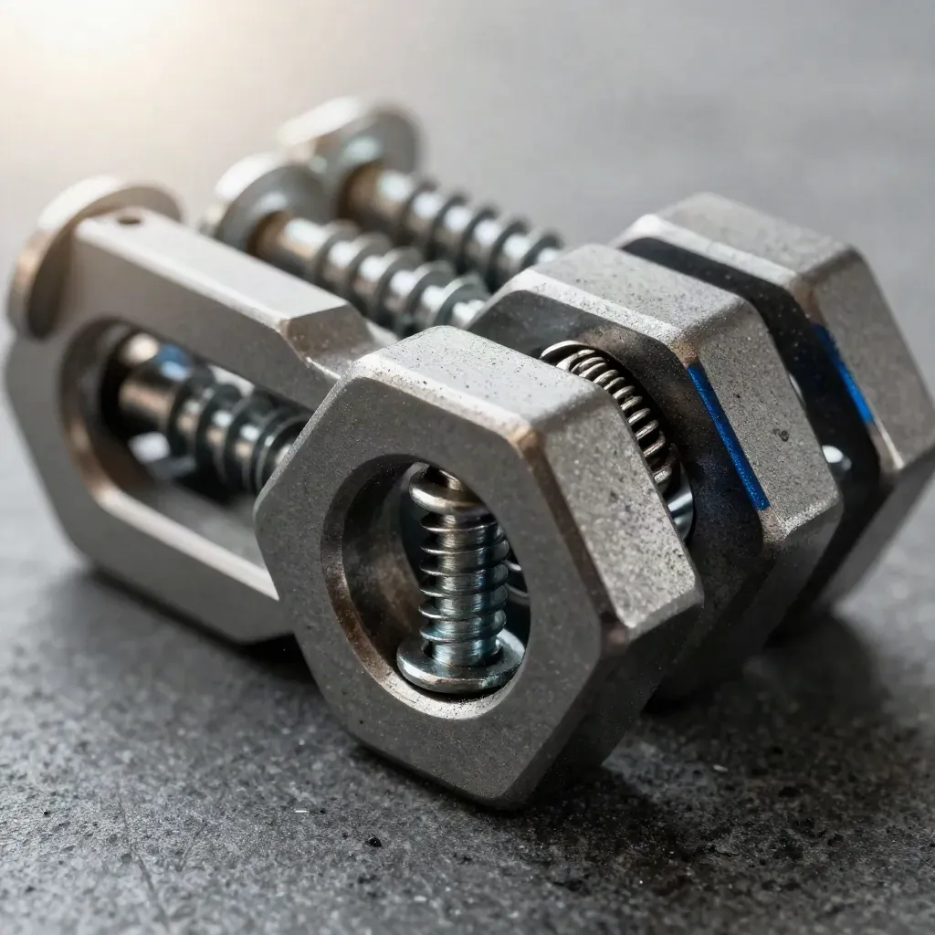 Hex brackets, spring clip, and screws in a macro engineering cluster on dark stone