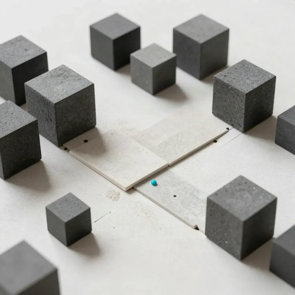 Graphite cubes and stone tiles form a stepped path on pale plaster with a tiny cyan accent.