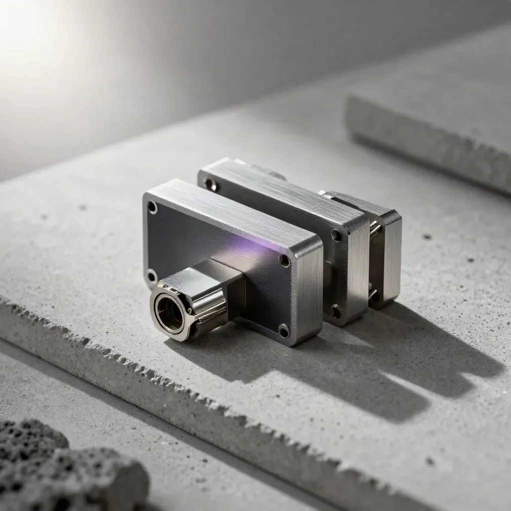 Aluminum routing blocks and bridge connector on brushed concrete with soft daylight.
