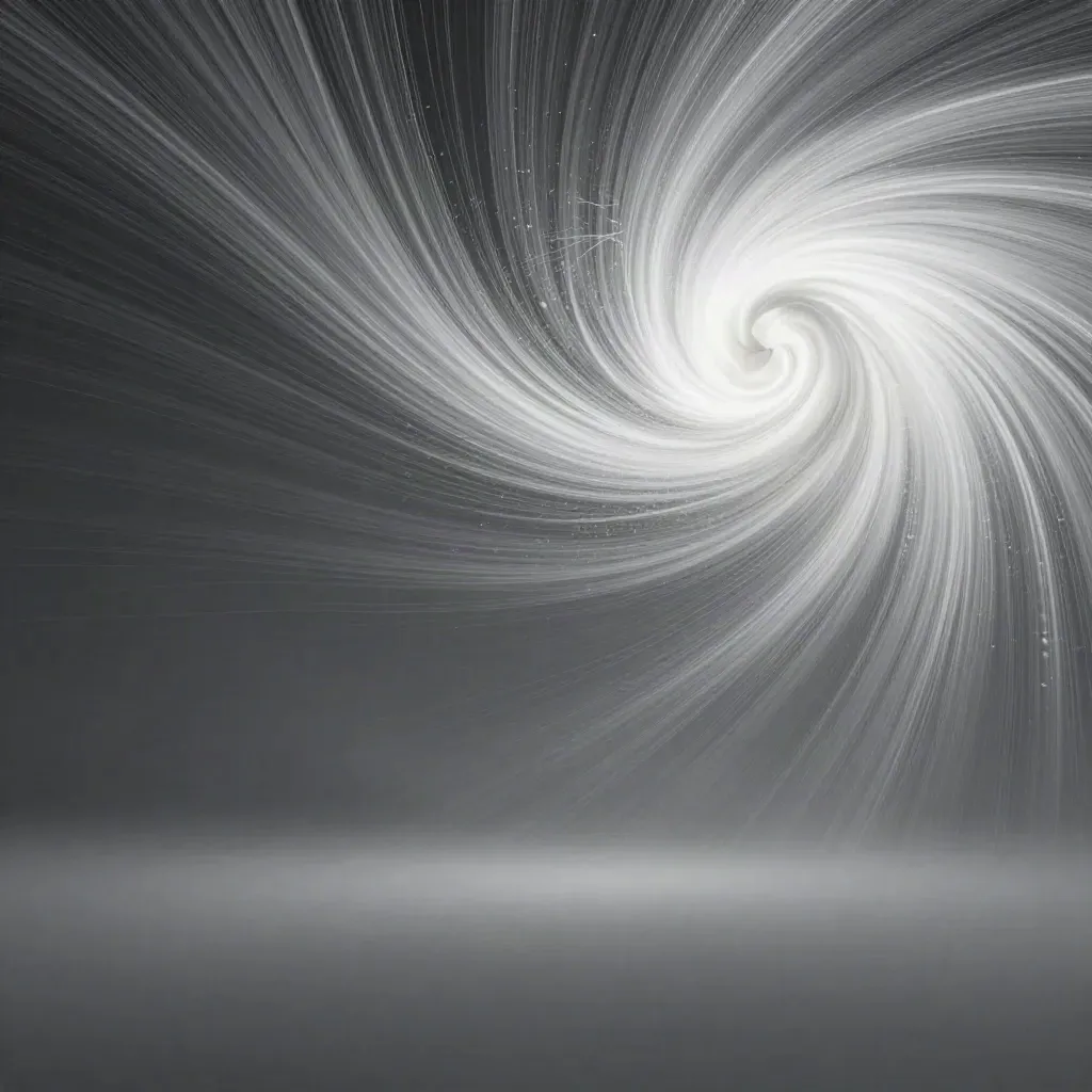 Silver-grey light filaments converge into a soft white bloom in graphite haze.